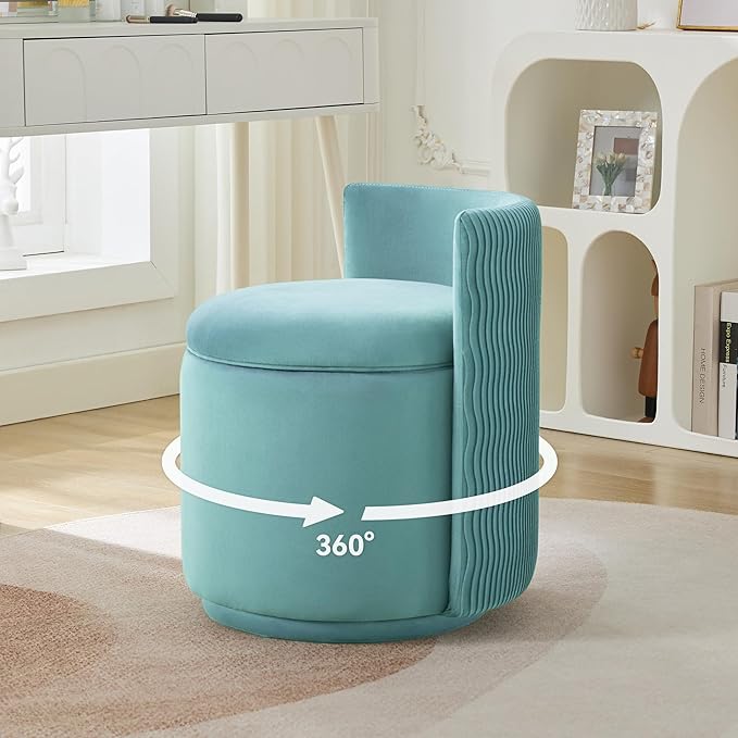 Velvet Vanity Chair with Storage 360° Swivel Makeup Chair with Wave Back No Assembly Small Accent Stool for Bedroom Dressing Living Room Teal