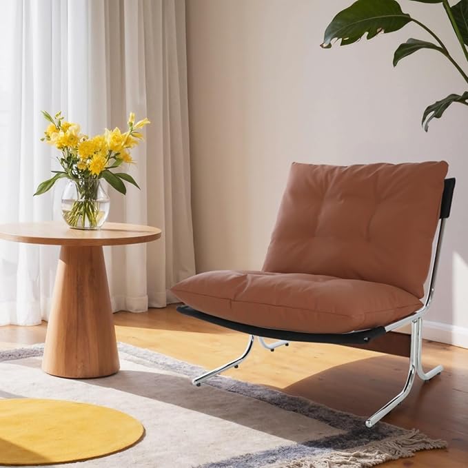Leather Armchair Modern Accent Chair High Back Living Room Chairs with Metal Legs and Soft Padded Sofa Chairs for Home OfficeBedroomDining Room (Brown)