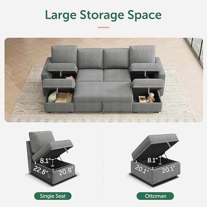 HONBAY Modular Sectional Sleeper Sofa Bed Chenille Pull Out Couch with Storage Ottoman U Shaped Sectional Couches for Living Room Warm Grey