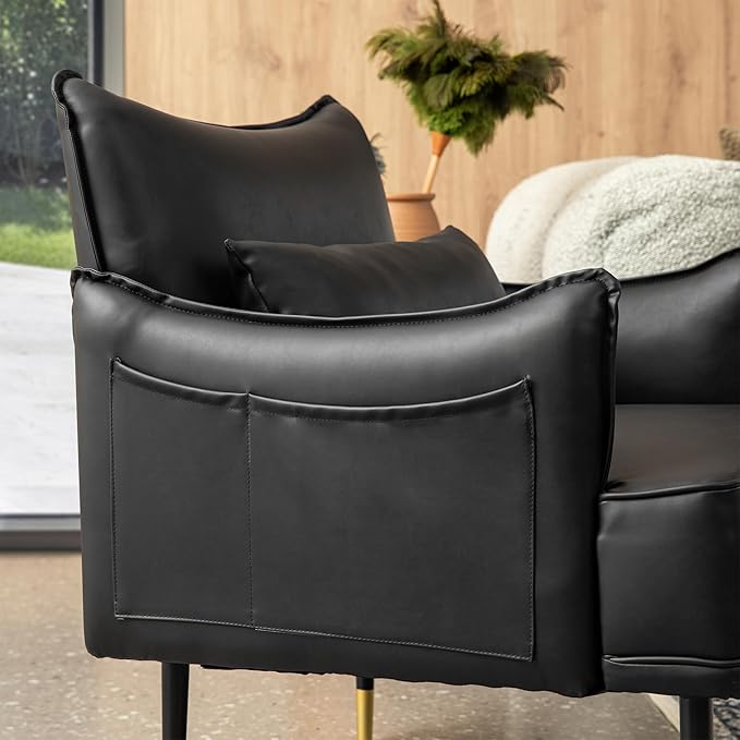 Glitzhome Mid-Century Modern Accent Chair for Living Room Black Leatherette Armchair with Golden Metal Legs and Side Pocket Oversized Single Sofa Reading Chair with Soft Seat Cushion