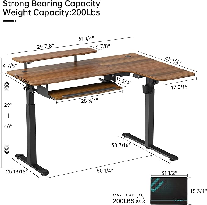 EUREKA ERGONOMIC Standing Desk Electric Adjustable Height (61x43) Computer Desk with Keyboard Tray Sit Stand Desk L Shaped Desk for Work/Home OfficeDual MotorMemory Presets2 USB/RGBWalnut/Right