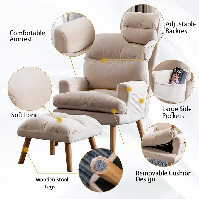 CANMOV Modern Accent Chair with Ottoman Set of 2 Soft Fabric Armchair with Adjustable Backrest and Side Pockets Comfy Lounge Chair for Living Room Bedroom Apartment Office Beige