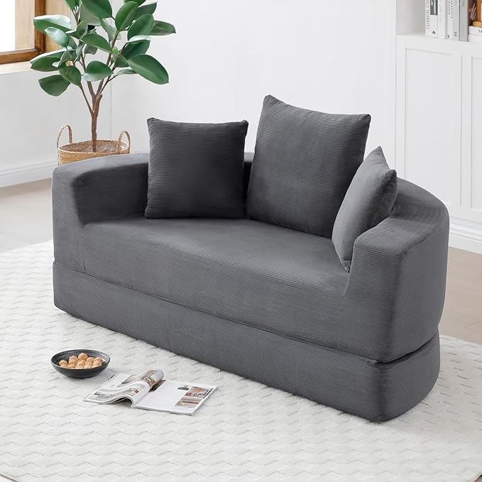Folding Sofa Bed Corduroy Circular Boneless Couch No Assembly Convertible Sleeper Sofa with 3 Pillow Comfy Futon Sofa Bed for Apartment Office Bedroom Living Room Gray