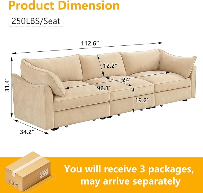 Aoowow Modular Sectional Sofa with Pullout Storage Seat 112.6” Chenille Comfy 3-Seat Sofa Couch Upholstered Deep Seat Couches with Armrests for Living Room Apartment OfficeWheat