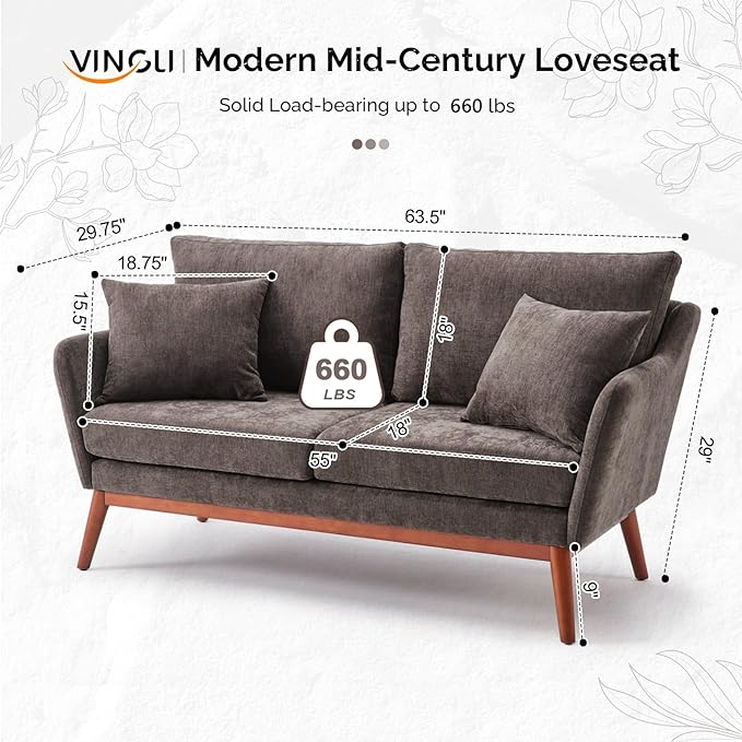 VINGLI 63.5 W Comfy Small Upholstery Love Seat Couch with Soild Rubber Wood Frame 2 Seater Mid Century Linen Fabric Loveseat Sofa Mini Couch with Two Pillows for Small Spaces Bedroom Brown