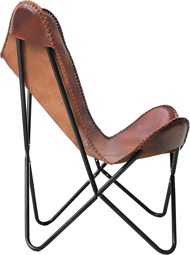 cuero Classy Handmade Dark Brown Leather Butterfly Chair Living Room- Side Hand Stich Leather Chair-Handmade with Powder Coated Folding Black Iron Frame (Cover with Folding Frame)
