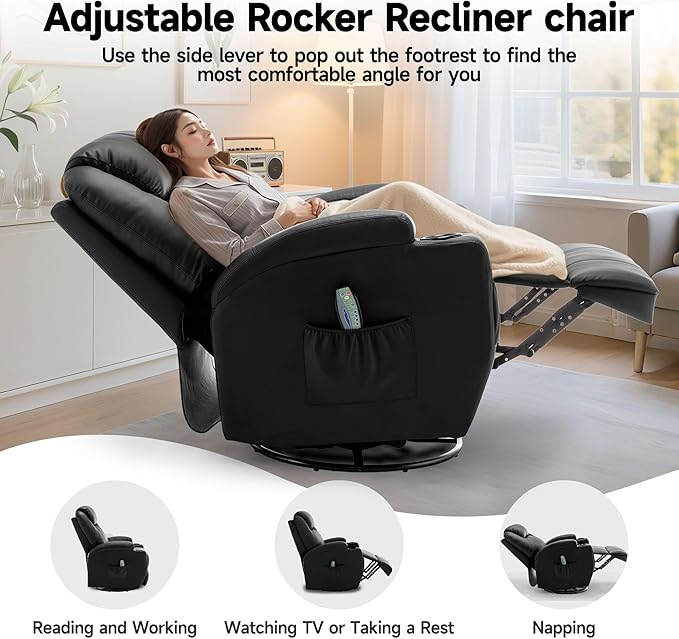 Recliner Chair Rocking Chair with Massage and Heat 360° Swivel Recliner Chairs for Adults Rocker Manual Recliner with Remote Control and Cup Holder for Living Room Bedroom Nursery