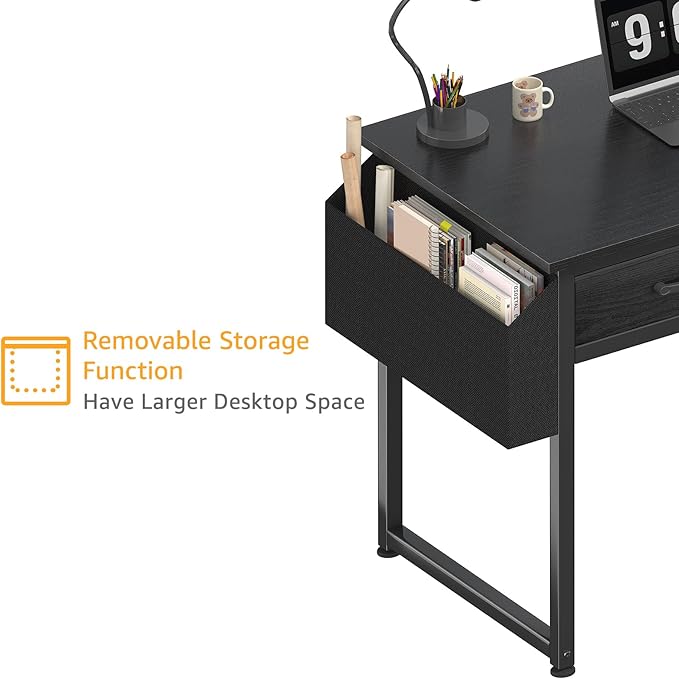 DLisiting Small Desk with Fabric Drawers for Bedroom 32 Inch Gaming Desk with 2 Drawers for Small Space Study Writing Table PC Desks Black