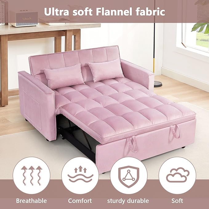 54 Convertible Sofa Bed Velvet Sleeper Sofa with Pull-Out Bed 3-in-1 Futon Couch with Reclining Backrest and Side Pocket Modern Loveseat for Living Room (Pink)