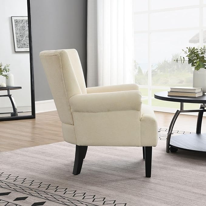 Modern Accent Living Room ChairsPolyester Armchair Club Chair with Channel Back Accent Chair for Living Room Bedroom Reading Room Soft Fabric Wooden Leg (Beige)