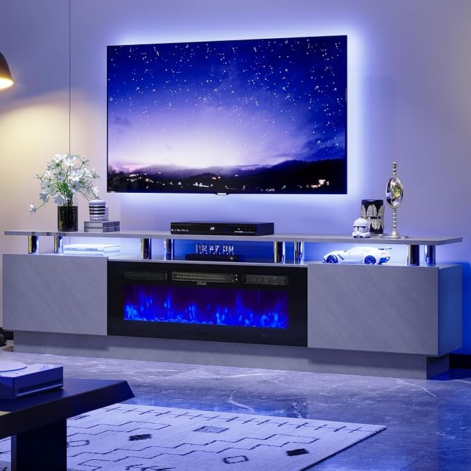 80 TV Stand &amp Entertainment Center Media Console with Storage Cabinet Fits TVs up to 90 Modern Living Room Furniture 36 Electric Fireplace (Grey+Black)