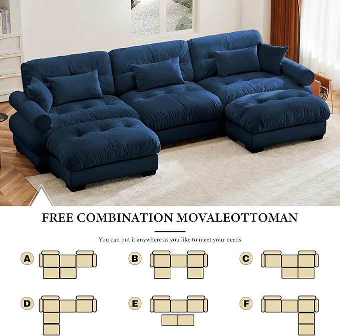 130 Oversized 3 Seater Modular Sectional Sofa Blue Large U Shaped Couch for Living Room Fluffy Velvet Cloud Set With Ottoman