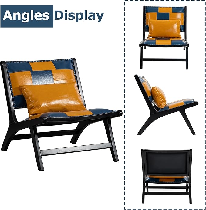 Accent Chair Modern Comfy Genuine Leather Armless Mid-Century Anthropologie Accent Chairs Lounge Arm Chair with Solid Wood Floral Pattern Sofa Chair for Living Room/Office/Balcony/Bedroom