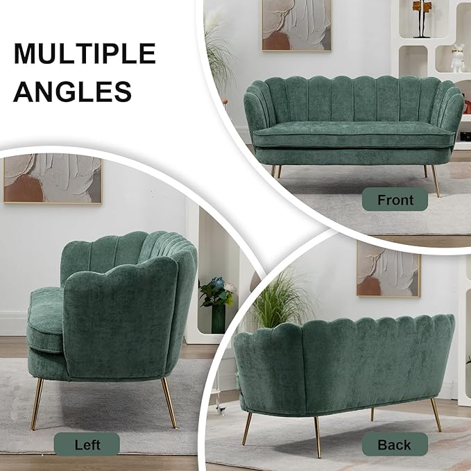 59 Wide Loveseat Sofa Chenille Upholstered Small Couch with Petal-Shaped Design Modern Leisure Sofa with Gold Metal Legs Mini Room Couch for Bedroom Apartment (Green-Chenille)