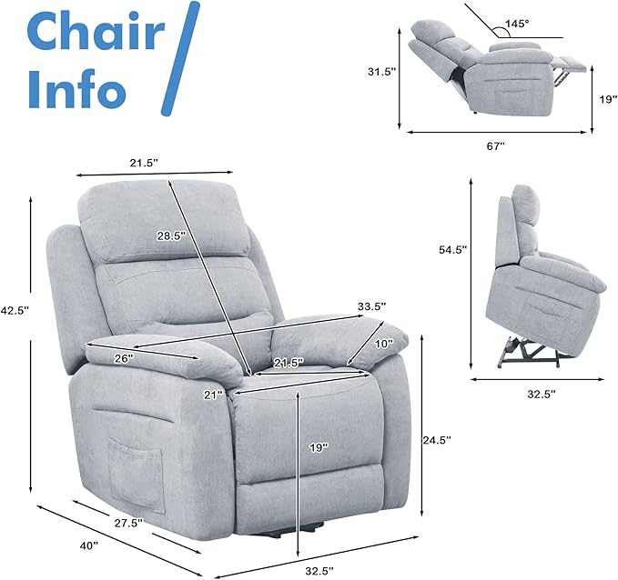 Giantex Power Lift Recliner Chairs for Elderly Fabric Electric Recliner Chair w/Side Pocket &amp Remote Control Living Room Reclining Chair for Seniors Home Theater Bedroom (Grey)
