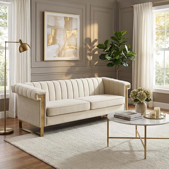Luxury Velvet 3-Seater Sofa Mid-Century Modern Couch with Gold Metal Legs Waterfall Stitched Back Removable Cushions for Living Room Durable &amp Comfortable (Beige)