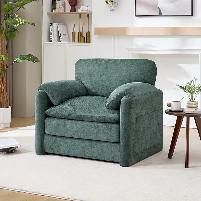 Tbfit Oversized Accent ChairModern Chenille Armchair for Living Room Comfy Upholstered Reading Chairs for Bedroom Apartment Office RV Green