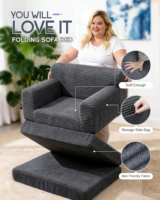 Boneless Couch Sofa Bed Convertible Sleeper Chair with One-Piece High-Density Foam (No Lumps) Foldable Floor Mattress for Adults Guest Gaming Non-Slip Side Pockets 84x35 No Assembly