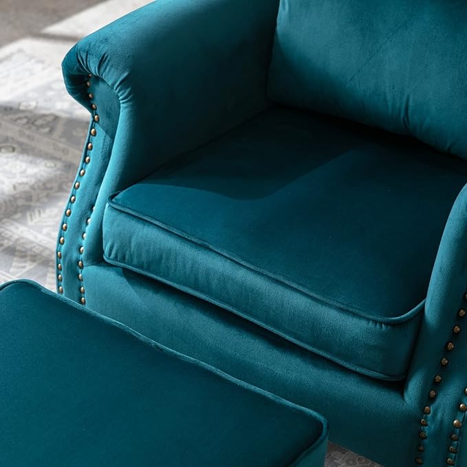 Mid Century Modern Accent Chair Upholstered Armchair Comfy Velvet Tufted Wingback Single Sofa with Ottoman for Bedroom Living Room Teal