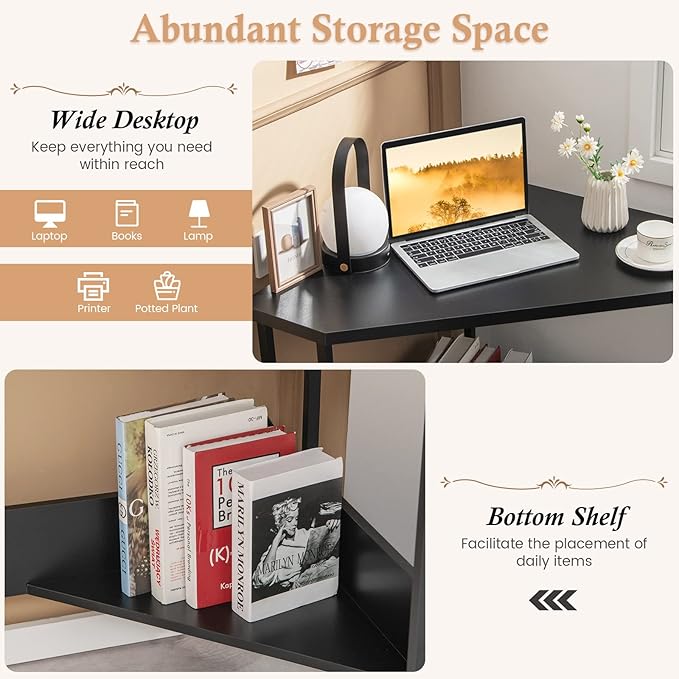 GOFLAME Corner Desk with Power Outlet Triangle Computer Desk for Small Space Space-Saving Writing Desk with Storage Shelf and Charging Station Modern Laptop PC Desk for Home Office Black