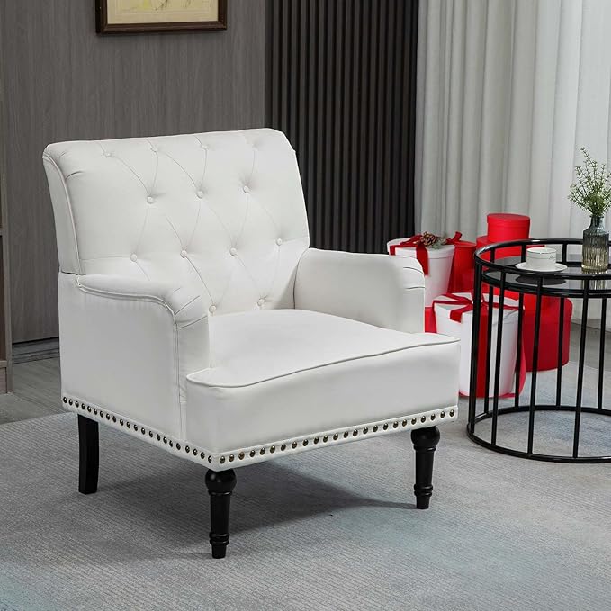 MOJAY PU Leather Accent Chair Mid-Century Armchair Living Room Sofa Chair with Rubber Wood Leg Club Chair with Rivet Trim for Bedroom Reading Room Reception (White)