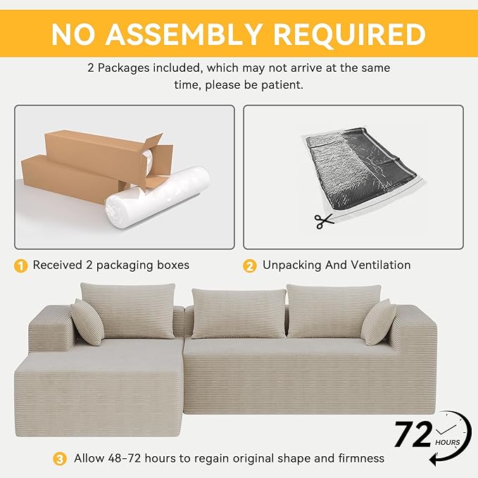 ALISH 111 Inch L-Shaped Cloud Sectional Sofa Couch Compression Couch with Chaise Modular Deep Seat Boneless Design for Easy Setup Plush Upholstered Living Room Bedroom Apartment Furniture Beige