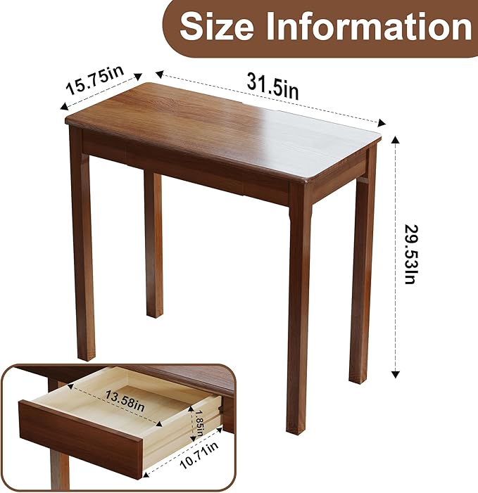 Solid Wooden Desk with Drawers - 32 x 16 Inch Narrow Desks Rubberwood Mid Century Modern Desks Small Writing Desk for Bedroom|Small Spaces - Walnut Color