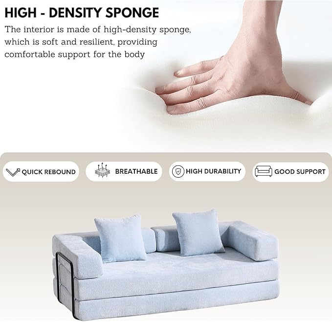 4-in-1 Folding Convertible Sofa Bed 77 Floor Couch with Pillow - Chenille Fabric &amp High-Density Sponge &amp Fixed-Shape Frame Modular Sofa for Living Room/Lounge/Studio Blue