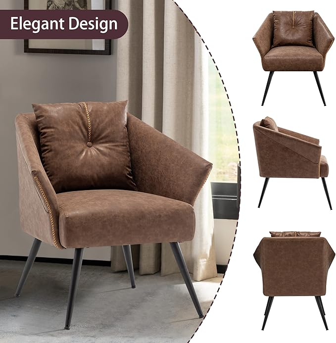 Alunaune Upholstered Brown Accent Chairs Set of 2 Modern Faux Leather Living Room Chairs Arm Chair Tub Bucket Club Chair Mid Century Large Lounge Chair Single Sofa for Bedroom