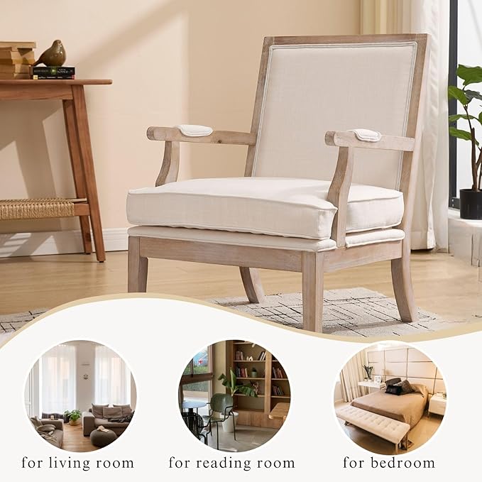 Modern Farmhouse Accent Chairs Set of 2 Wide Upholstered Living Room Chairs with Armrest Pads Coastal French Country Wooden Armchairs for Bedroom Guest Room Beige Linen Fabric