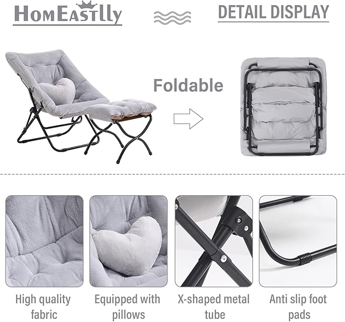 Comfy Saucer Chair with Ottoman Oversized Folding Faux Fur Chair Soft Furry Lazy Chair with Metal Frame Moon Chair Accent Chair for Bedroom Living Room Dorm Rooms Grey