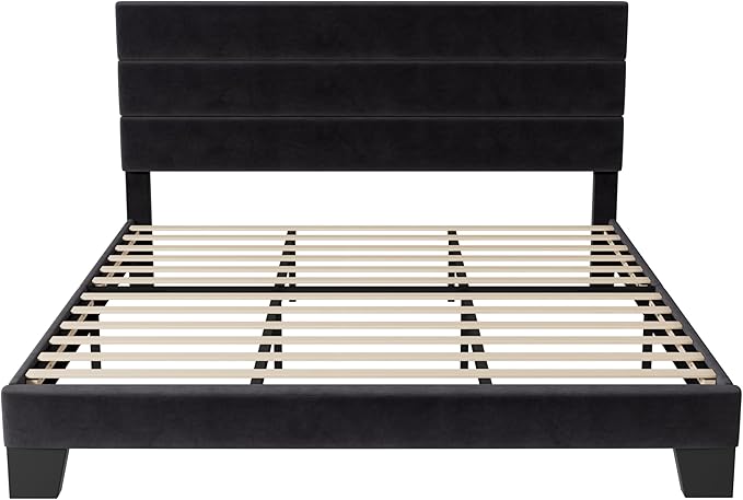 Allewie King Size Platform Bed Frame with Velvet Upholstered Headboard and Wooden Slats Support Fully Upholstered Mattress Foundation/No Box Spring Needed/Easy Assembly Black