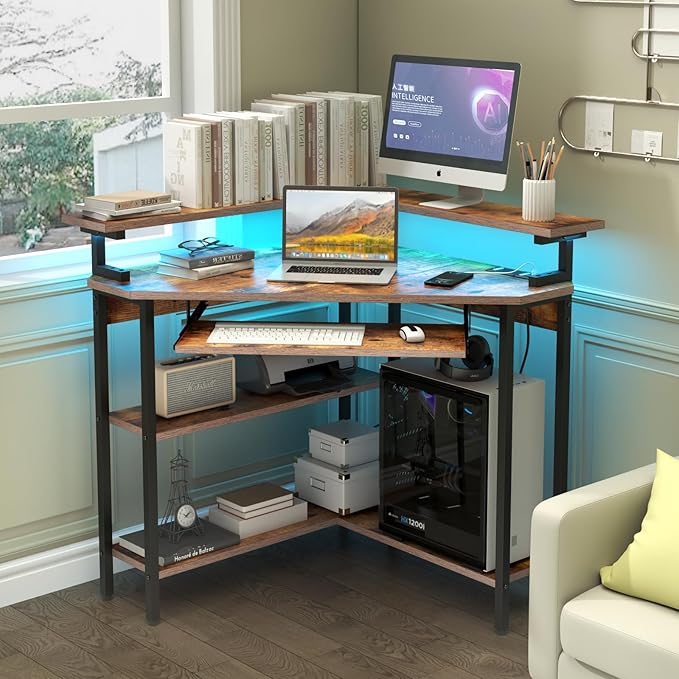 Auromie Corner Desk with Charging Station &amp LED Light Triangle Corner Desk with Monitor Stand &amp Keyboard Tray for Small Space Gaming Computer Desk with Storage Shelves for Home Office (Rusti