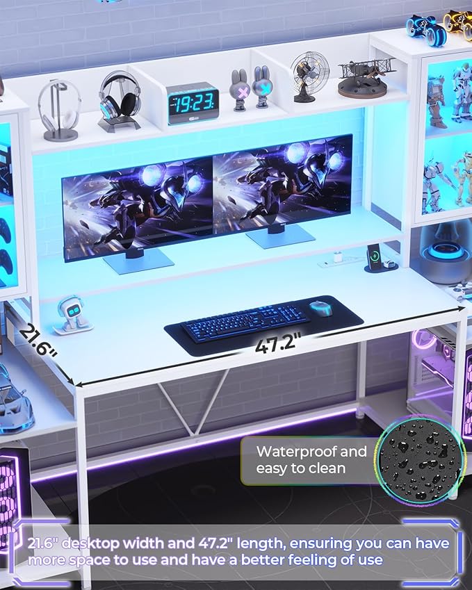 SEDETA Gaming Desk 74.8'' with LED Lights Hutch and Storage Shelves Computer Desk with Monitor Stand Large PC Gamer Desk Workstation Ergonomic Gaming Table for Bedroom Living Room White