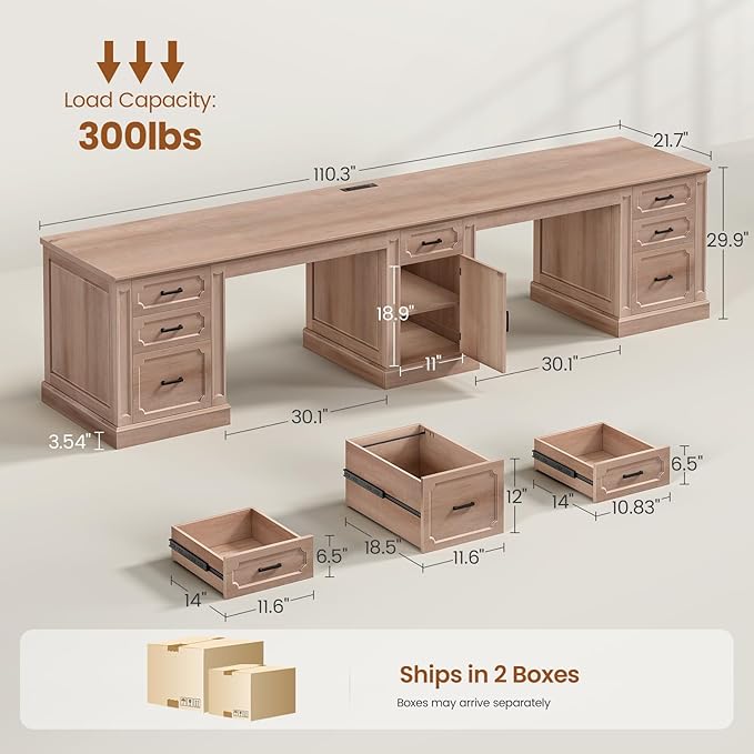 SEDETA Farmhouse 110.3 Two Person Desk with 7 Drawers Long Computer Desk with Storage Cabinet 2 Person Desk with Power Outlets for Home Office Natural Oak