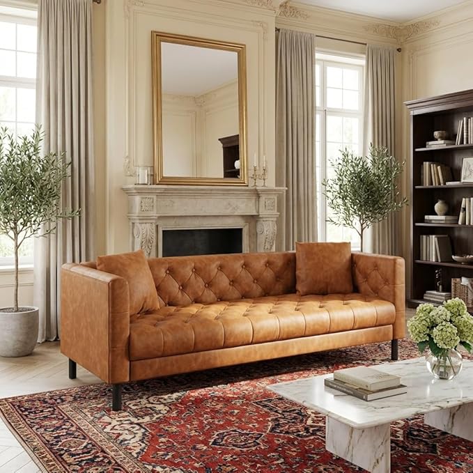 Mid Century Modern Leather Sofa 81 Inch Chesterfield Style 3 Seat Couch with Deep 26 Seats Button Tufted Upholstery Includes 2 Pillows for Living Room Apartment or Office Orange