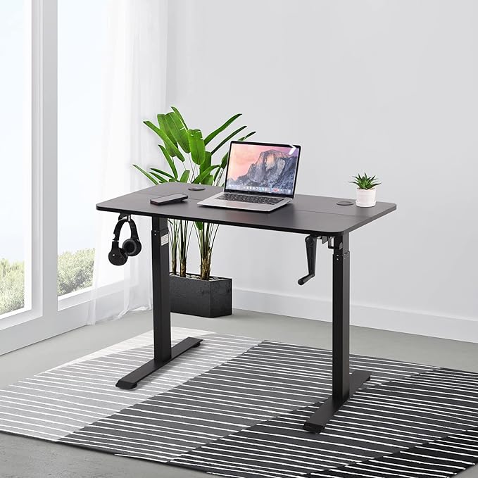 UNICOO - Crank Adjustable Height Standing Desk Game Table Home Office Table Computer Table with USB and Wireless Charger (NTCSET-01 - Black - M2)