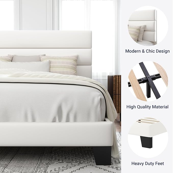 Allewie King Size Platform Bed Frame with Velvet Upholstered Headboard and Wooden Slats Support Fully Upholstered Mattress Foundation/No Box Spring Needed/Easy Assembly White