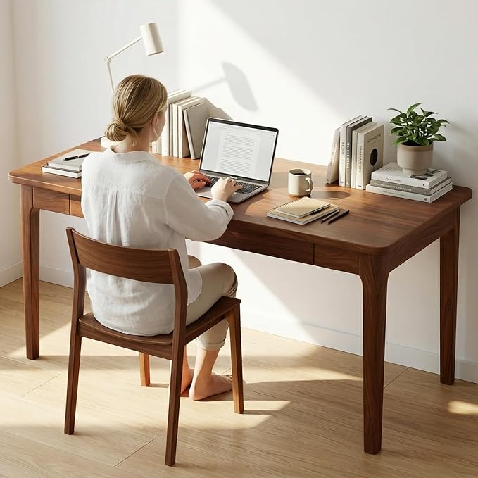 47 Executive Computer Desk with Smooth Drawers Walnut - 24 Deep Modern Minimalist Dual-Monitor Workstation Heavy-Duty
