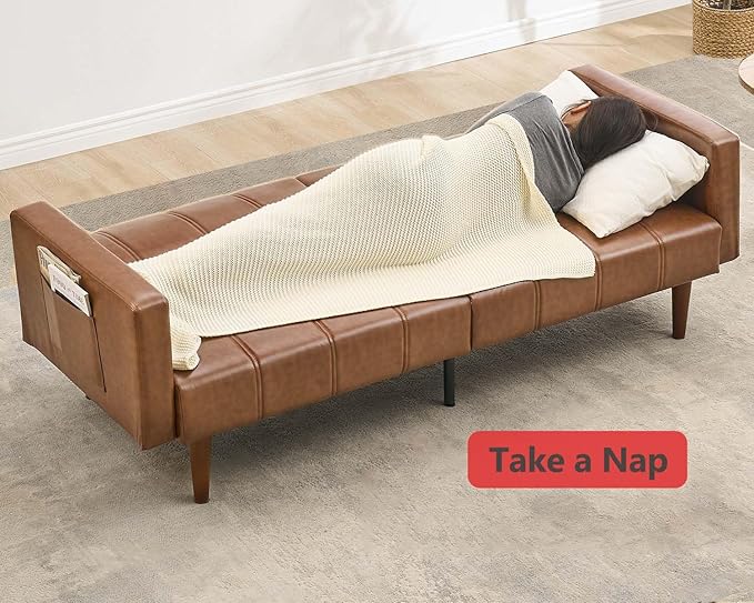 GarveeHome 75 in Futon Sofa Bed Mid-Century Futon Couch PU Leathe Convertible Sleeper Couch with Adjustable Backrest Loveseat and Side Pockets for Living Room &amp Bedroom (Coffee)