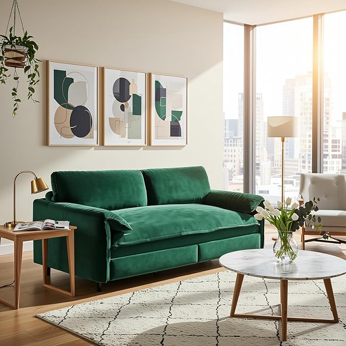 Homy Casa 66 3-in-1 Convertible Sofa Bed Queen Size Pull-Out Bed with Side Storage Velvet Loveseat Modern Sleeper Sofa for Living Room Office or Guest Room (Green)