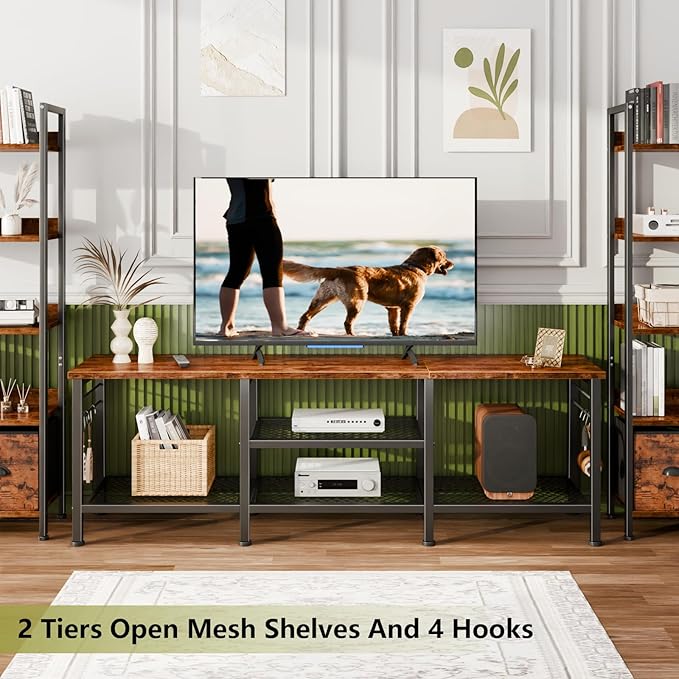 Furologee TV Stand for TVs up to 65 Inch Entertainment Center with Open Storage Shelves 55 Inch Television Stands with Soundbar Shelf for Living Room Bedroom Rustic Brown