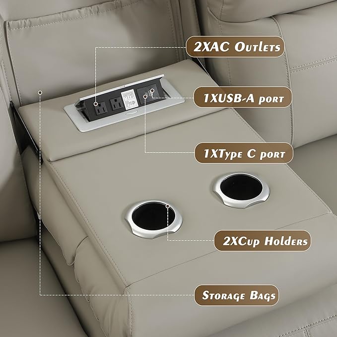 Dual Motor Power Reclining Sofa Breathable Leather Reclining Couch with Power Headrest/LED Light/Armrest Storage Recliner Sofa 3 Seater for Living Room (Grey 3 Seater)