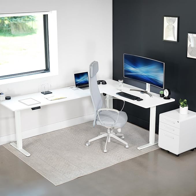 VIVO Corner Standing Desk 84 x 63 inch Reversible L-Shaped Workstation Electric Height Adjustment Home Office and Reception Rooms White Table Top White Frame DESK-E3CTWW-84