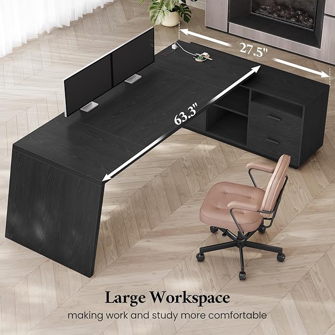 78 inch L Shaped Executive Desk with Power Outlets Large Home Office Desk with Storage Drawers and File Cabinet Modern Computer Desk with Shelves Black Business Furniture