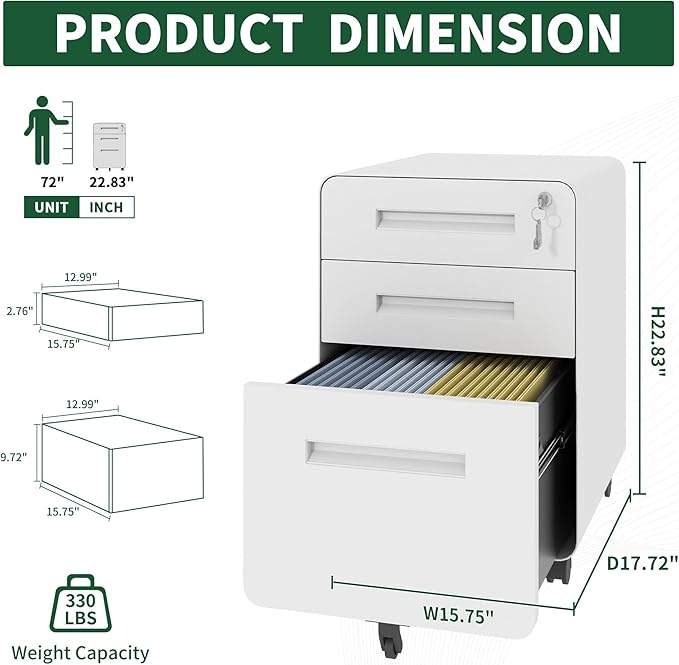 Metal 3 Drawer File Cabinet with Lock on Wheels Locking Filing Cabinet with Key for Home Office Rolling Filing Cabinets with Wheels All-Steel Metal 110 LBS Capacity (3 drawer White + Gray)