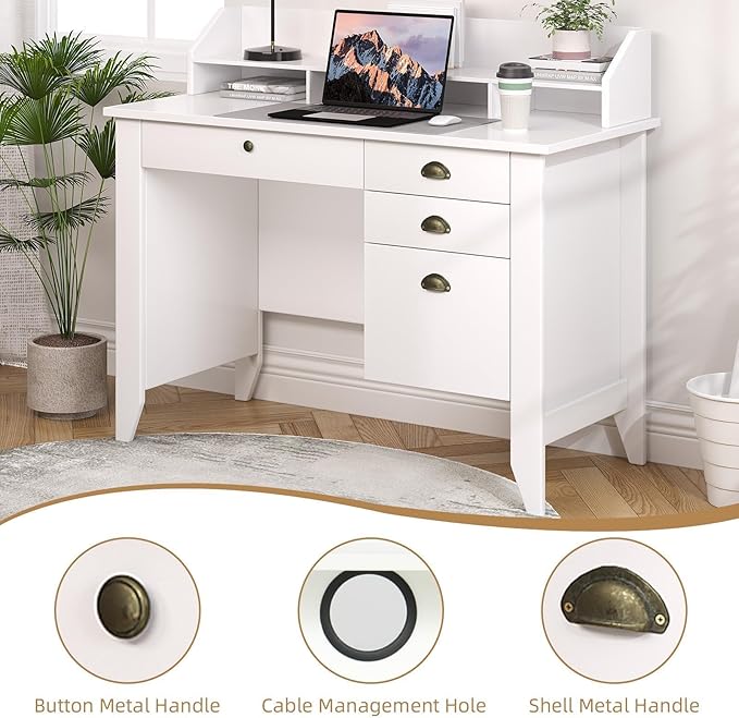 4 EVER WINNER White Desk with Drawers Small Desk with File Drawer for Small Spaces Writing Desk with Monitor Stand Wood Table for Home Office White
