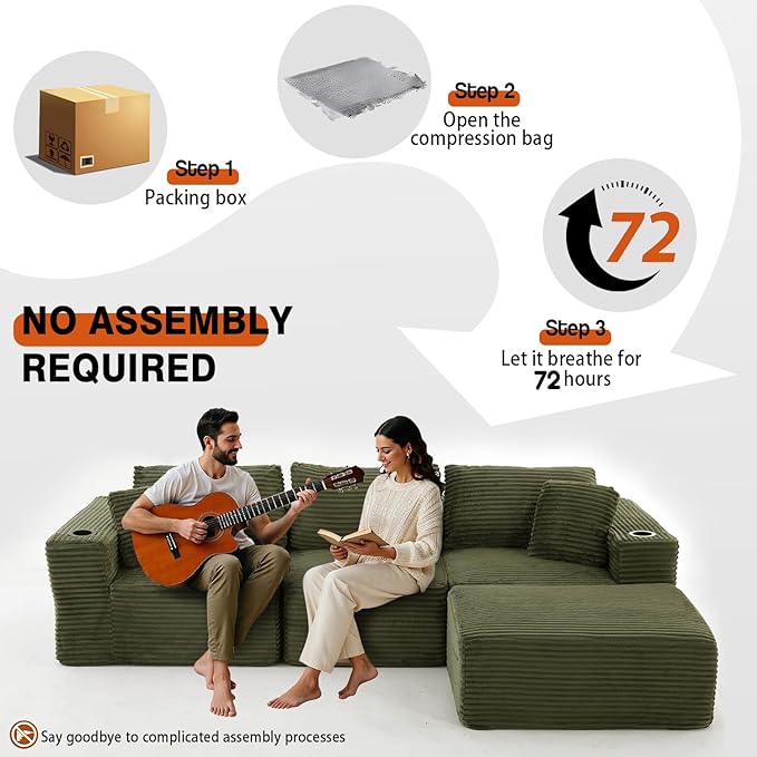 110 Boneless Couch in A Box Convertible L Shaped Modular Sectional Sofa Set with Deep Seat Corduroy Cloud Couch Sectional Couches for Living Room No Assembly Required(3 Seat+ 1 OttomanGreen)