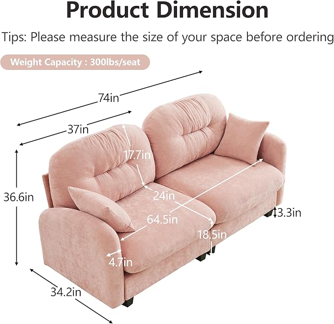 KEIKI 74 Oversized Chenille Modular Sectional Loveseat Sofa with High-Density Foam Cushions and Tufted Pleated Cushion Backrest Upholstered 2-Seater Cloud Couch with 2 Pillow for Living Room Pink