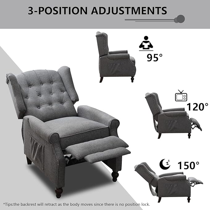 MANBUR Wingback Pushback Recliner Chair Upholstered Tufted Recliner with Massage and Heat Tufted Armchair Single Sofa Reclining Sofa for Living Room Bedroom or Club (Gray)